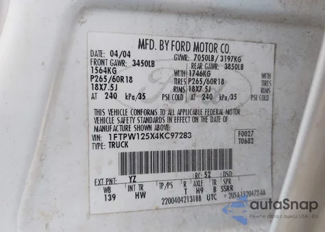 2004 Ford F-150 Lariat/Xlt from USA, damaged, VIN 1FTPW125X4KC97283